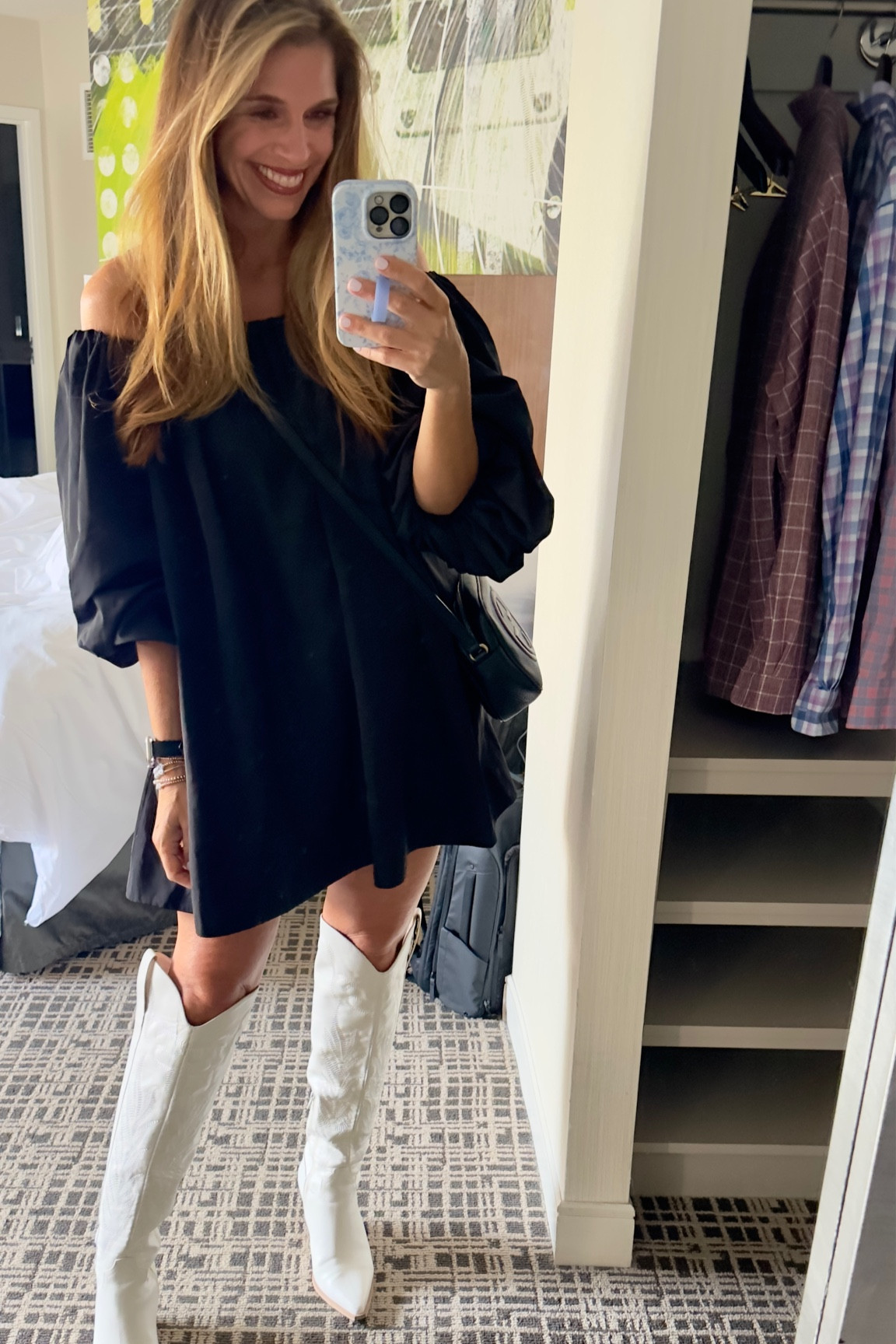 Black puff sleeve off the shoulder dress, White tall cowboy boots, Nashville outfits, Dress for Nashville 

#LTKtravel #LTKstyletip #LTKshoecrush