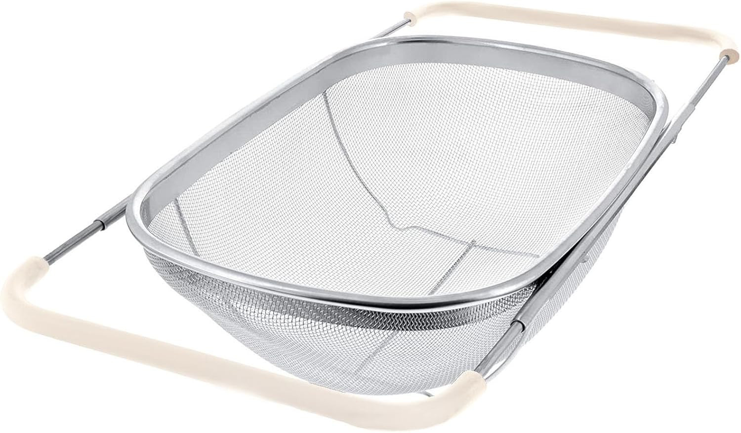 AJIODA Over The Sink Colander, 6 Quarts Stainless Steel Oval Colander with Expandable Rubber Grip Handle, Fine Mesh Strainer Baskets Kitchen Colanders for Strain, Drain, Rinse Vegetable, Fruits, Beige | Amazon (US)