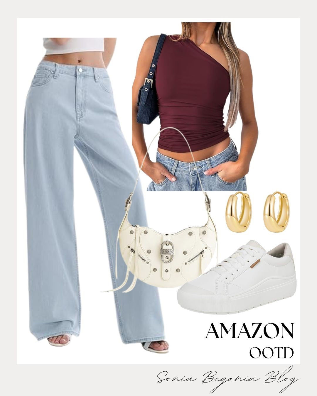 Burgundy Tones & Casual Denim! 🍷

Embrace a cool, effortless vibe with this perfectly balanced everyday look from Amazon! I am obsessed with the statement piece: the rich burgundy one-shoulder ruched top that adds a pop of color. Balance the fitted silhouette with a pair of classic, relaxed-fit light wash wide-leg jeans. Finish the look with fresh, modern accessories: a studded ivory crescent shoulder bag, clean white platform sneakers, and chunky gold hoop earrings for a touch of polished, street-style glam!

#OOTD
#OutfitOfTheDay
#AmazonFashion
#WideLegJeans
#LightWashDenim
#BurgundyTop
#WhiteSneakers
#PlatformSneakers
#ShoulderBag
#CasualChic
#EverydayStyle
#LTKStyle
#StreetStyleInspo
#SpringFashion
#AffordableOOTD


#LTKspring #LTKspringtrends #LTKootd
