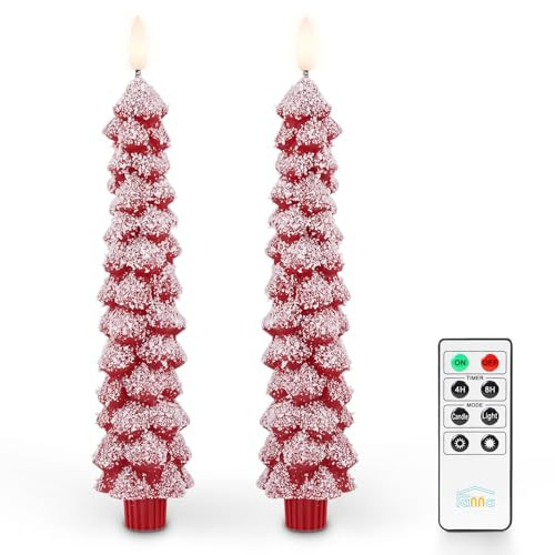 Fanna Red Christmas Tree Candles with Remote Realistic Snow Covered, Flameless LED Taper Candles in Real Wax with Timer for Winter and Christmas - H 9.8" - Set of 2 | Amazon (US)