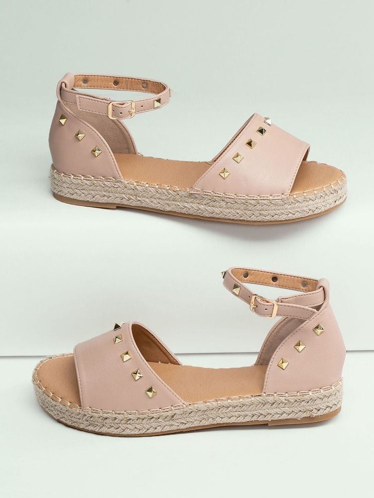 Stud Accent Open Toe Ankle Strap Espadrilles | SHEIN