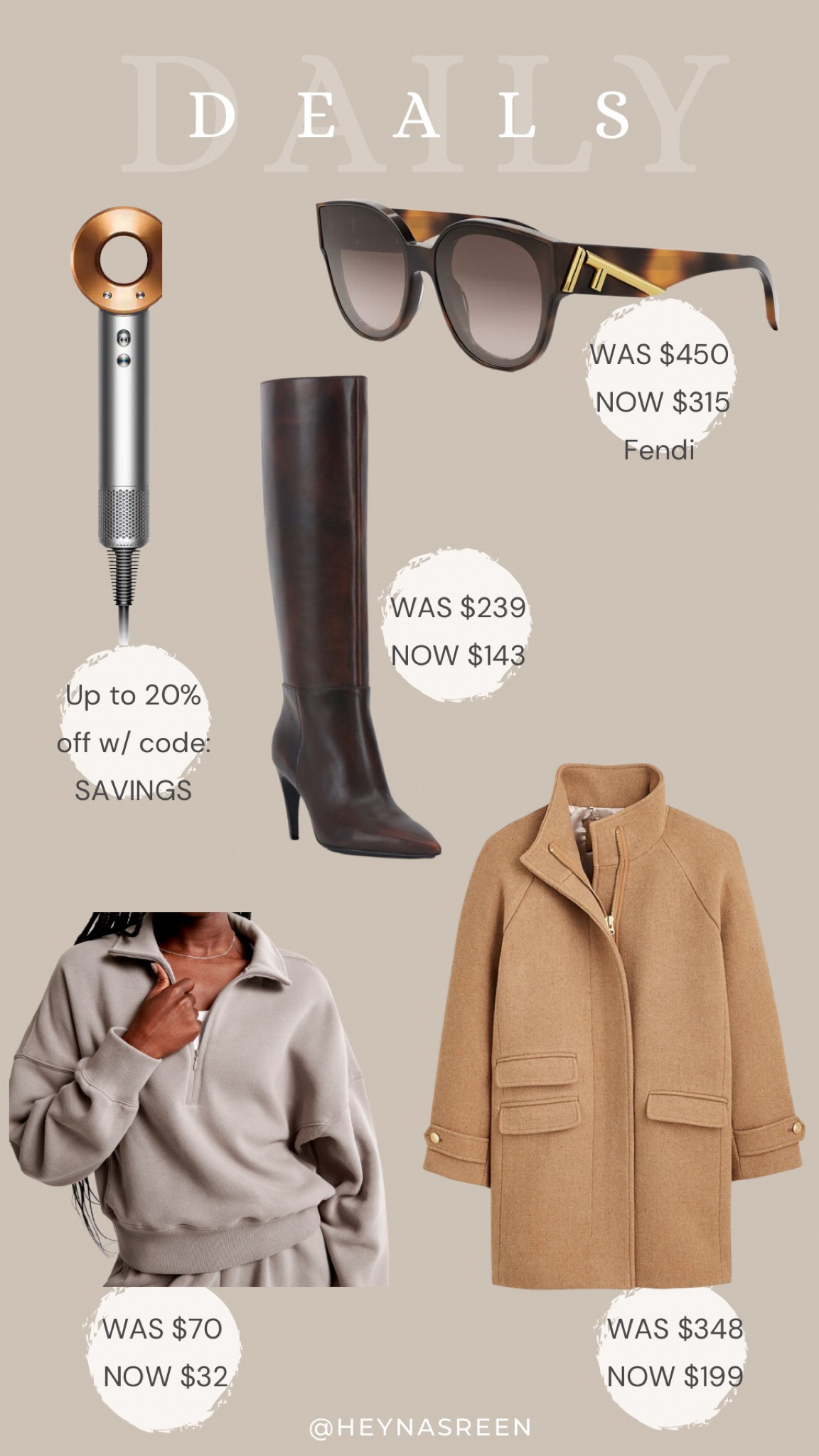 Daily deals on Dyson hairdryer, Fendi sunglasses, Vince Camuto knee high boots, Abercrombie pullover, J.Crew coat 

#LTKSaleAlert