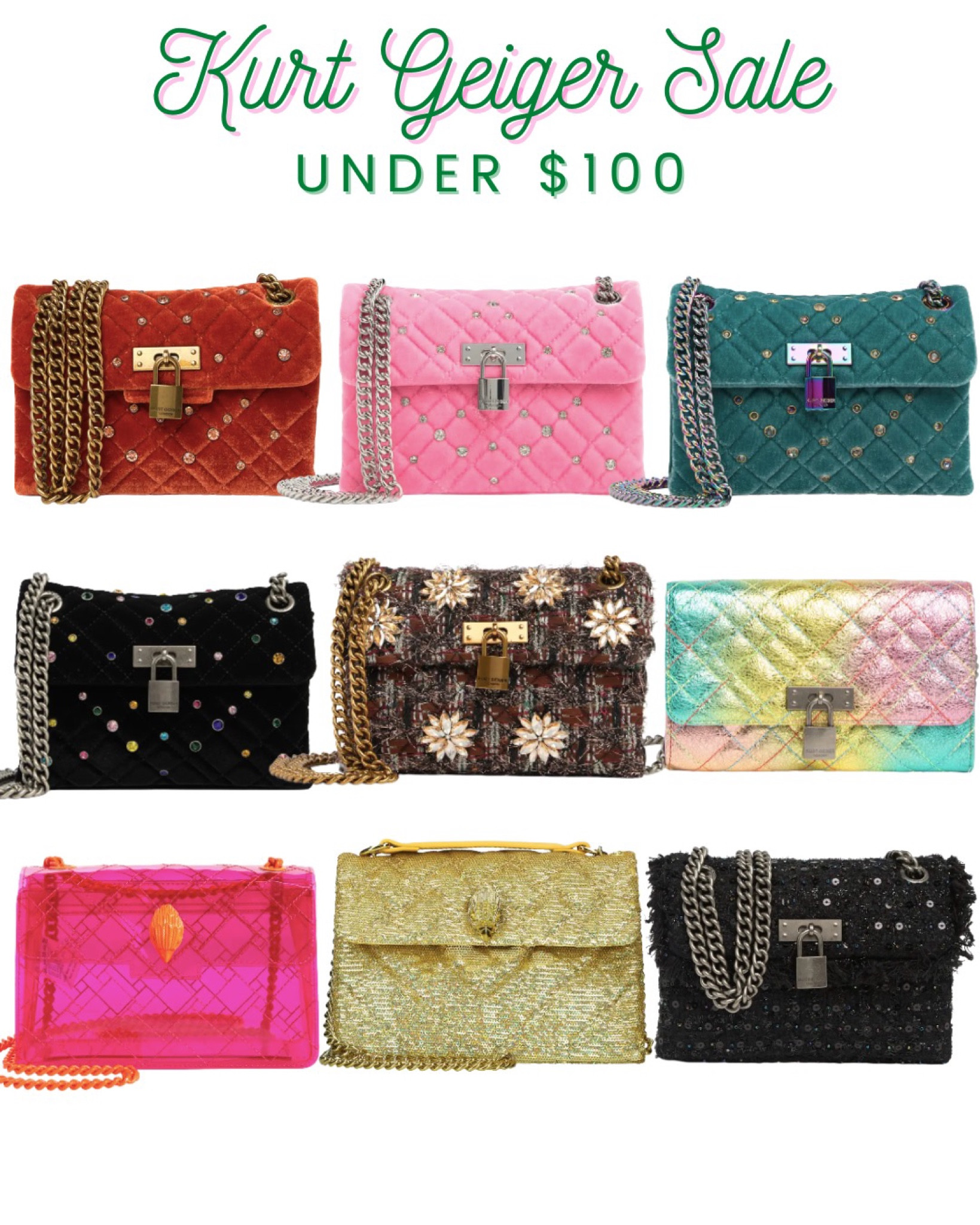 Kurt Geiger Handbags on SALE for under $100! The perfect bags for holiday party season! Velvet bag, crossbody bag, chain strap bag, trendy handbag, quilted handbag, night out bag, tweed bag 

#LTKunder100 #LTKitbag #LTKsalealert