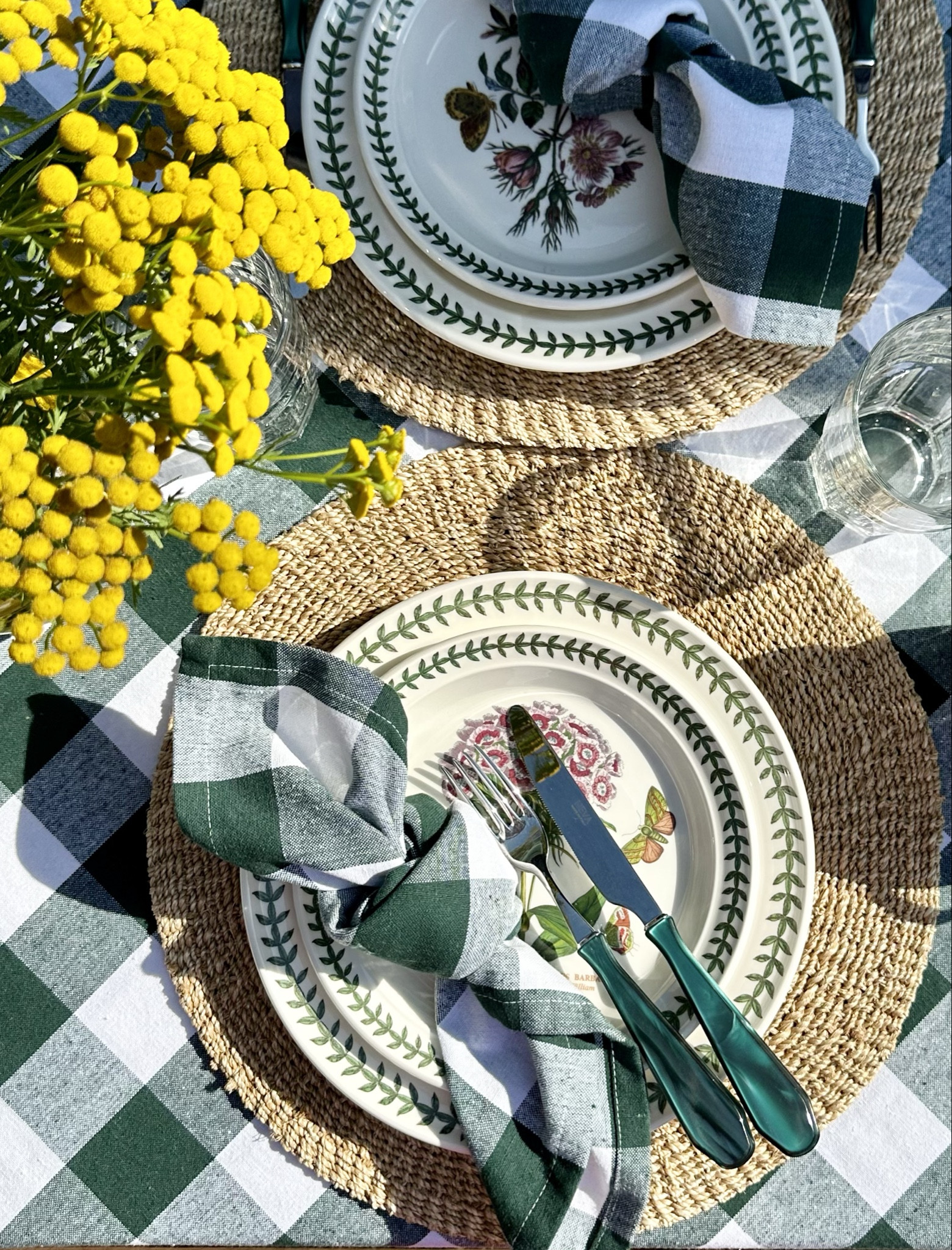This charming al fresco table setting for two captures the essence of late summer dining. The use of vibrant yellow flowers creates a cheerful focal point, while the green and white checkered tablecloth adds a casual, rustic vibe. Woven placemats introduce a natural texture, complementing the botanical-themed dinnerware, which features delicate floral and butterfly illustrations. Green and white napkins tie into the overall color scheme, exuding a harmonious blend of nature-inspired elegance and cozy outdoor relaxation—perfect for savoring the last warm days of summer.

#LTKHome #LTKParties