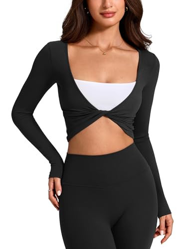 INGIA Womens Long Sleeve Knot Top Twist Front Cropped Activewear Ribbed Shirt Ballet Pilates Yoga Versatile Gym Top Black X-Small | Amazon (US)
