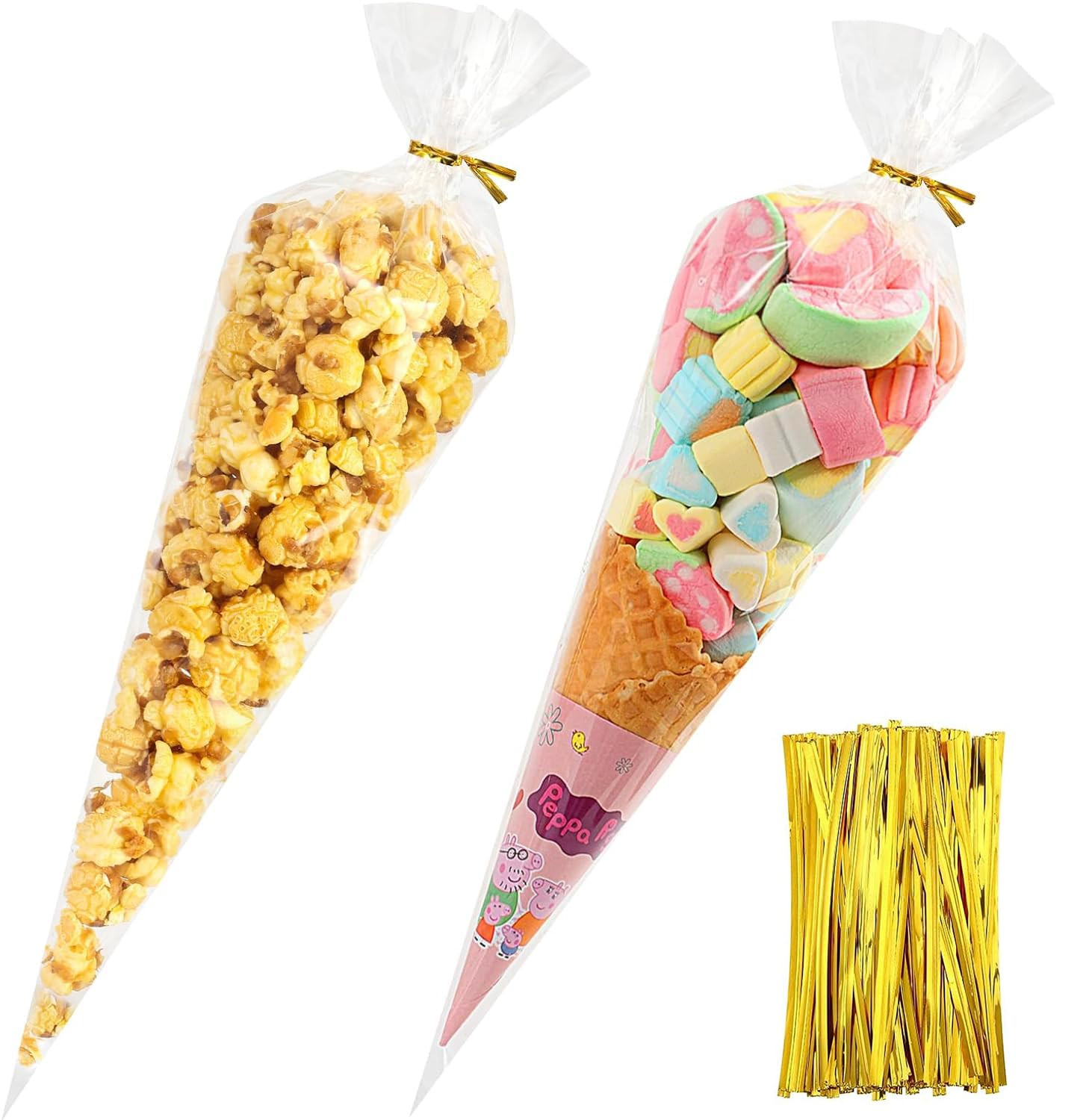 SUREHOME Cone Shaped Treat Bags Bulk 100 Pcs 7 x 15 In Clear Cellophane Bags with Ties Individual... | Amazon (US)