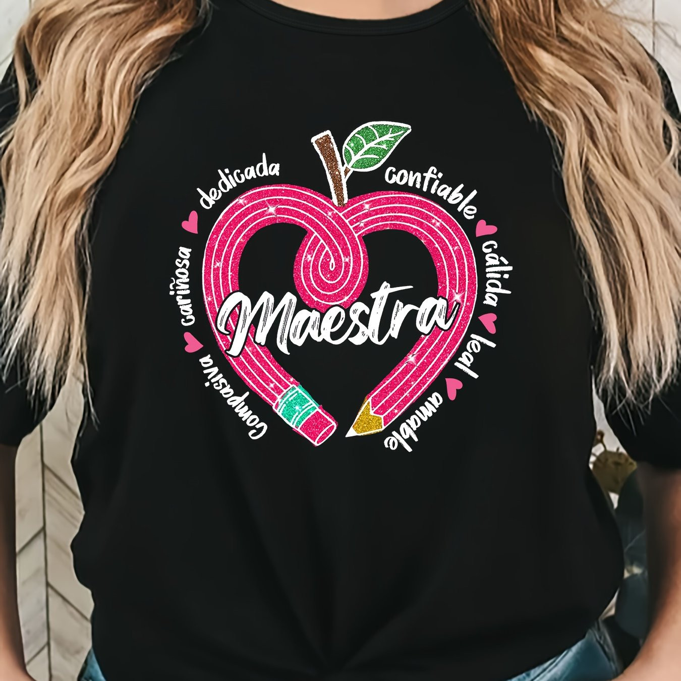 Camiseta Cómoda Estampado Lápiz Manzana Letra Camiseta - Temu | Temu Affiliate Program
