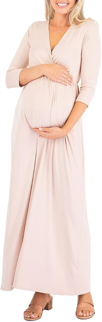 Mother Bee Maternity V-Neck 3/4 Sleeve Ruched Waist Dress | Amazon (US)