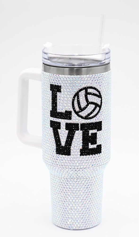 40 Oz Rhinestone Bling Tumbler with Handle and Straw (WHITE VOLLEYBALL), Stainless Steel and Doub... | Amazon (US)