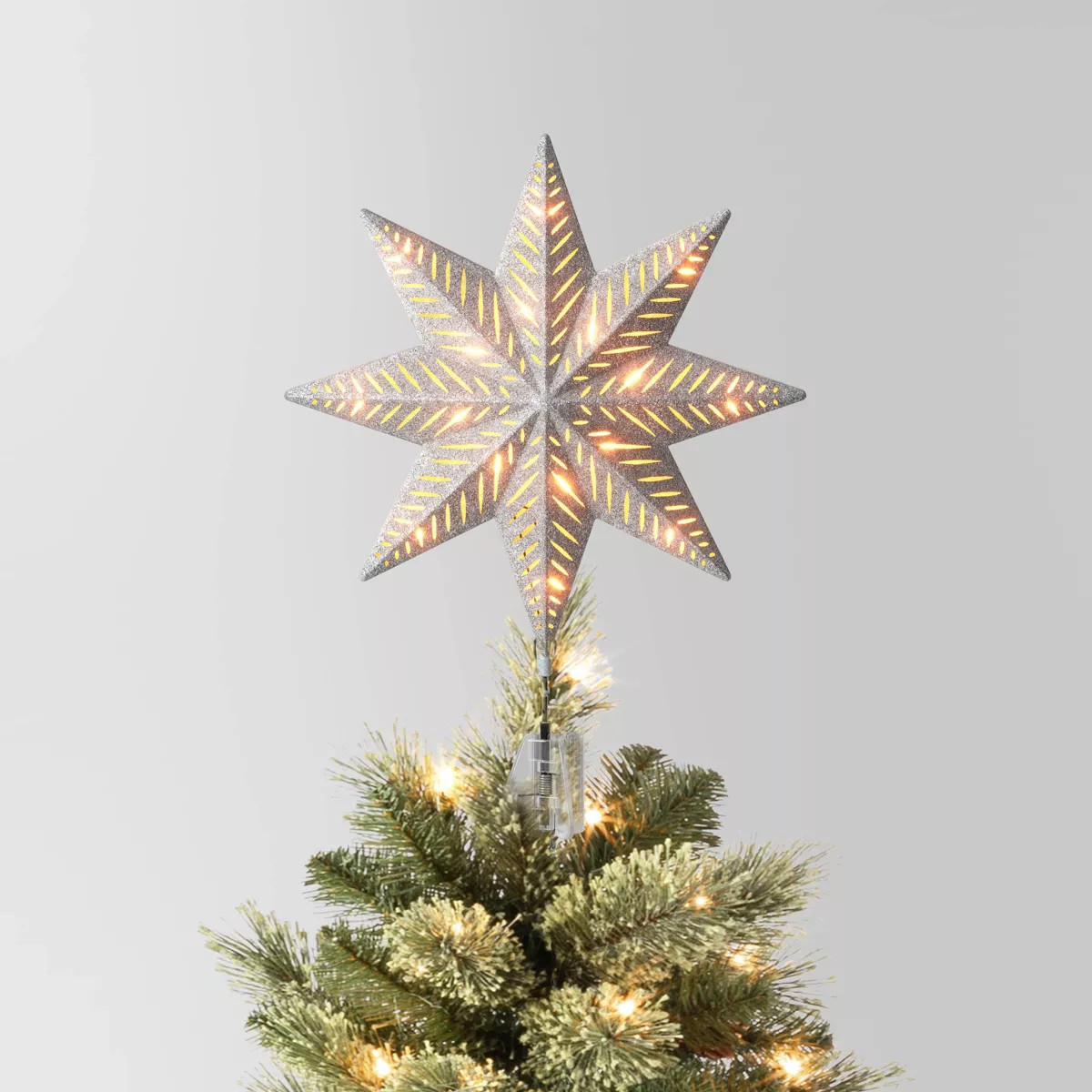 13.5" Pre-lit Glittered 8-Point Star Christmas Tree Topper Silver with Clear Incandescent Lights ... | Target