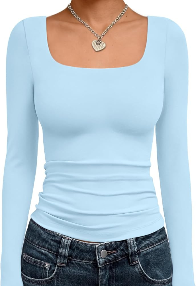 Trendy Queen Womens Long Sleeve Shirts Crop Tops Fall Fashion Solid Square Neck Going Out Basics ... | Amazon (US)
