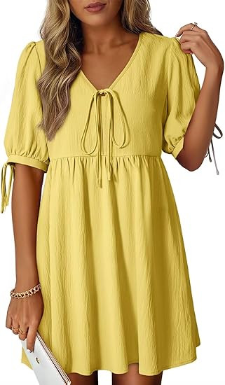 Dokotoo Summer Dresses for Women 2026 Casual V Neck Bow Tie Short Sleeve Empire Waist A-Line Mini... | Amazon (US)