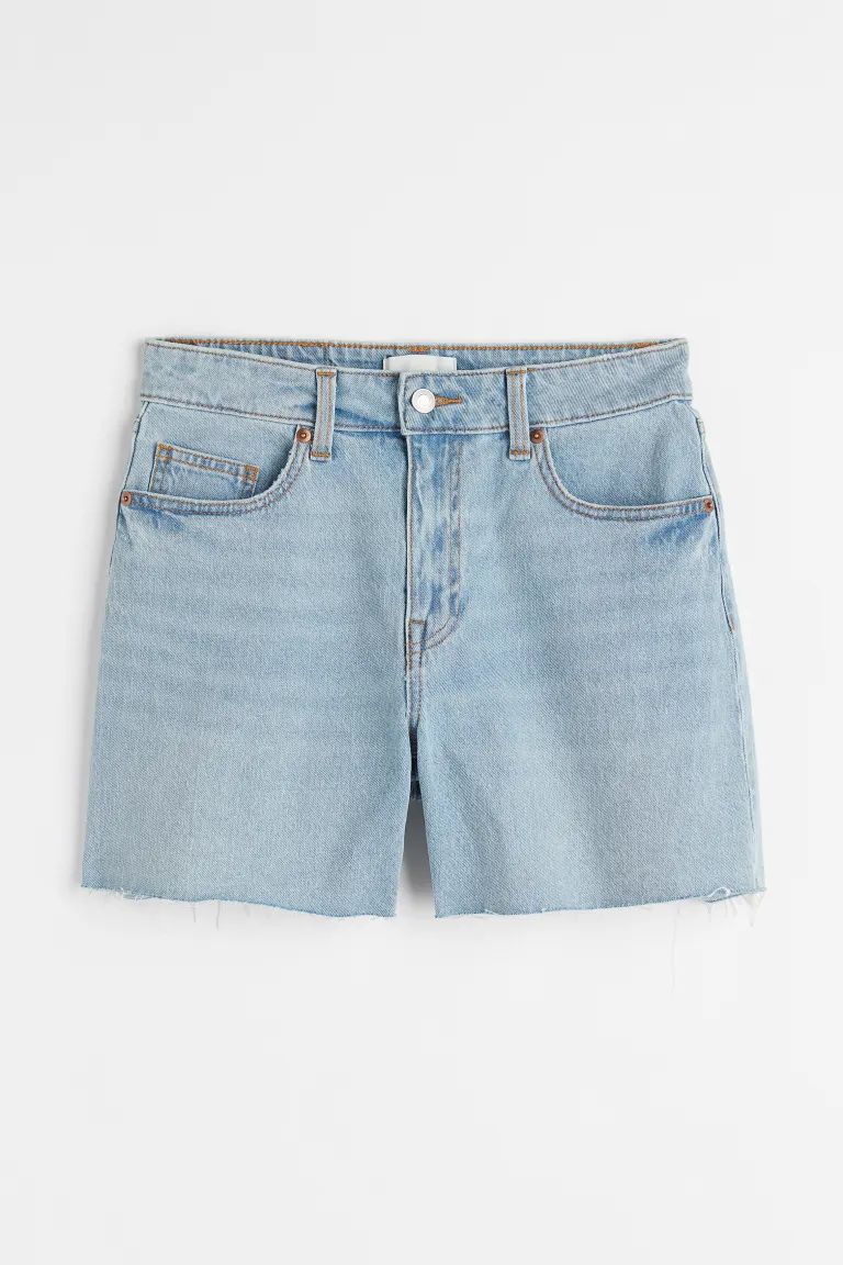 5-pocket shorts in washed denim. High waist, zip fly with button, and raw-edge hems. | H&M (US + CA)
