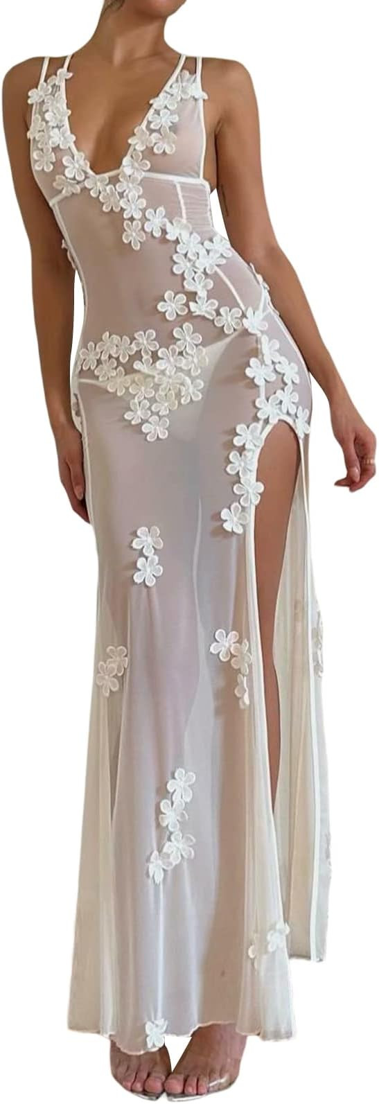 Sexy See Through Sheer Lace Maxi Dress Patchwork Backless Bodycon Long Dresses Beach Vacation Par... | Amazon (US)