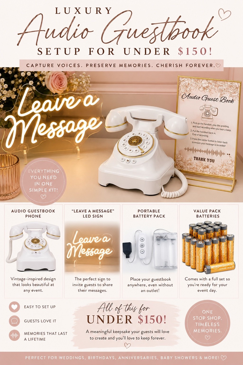 ☎️✨ Create a memorable audio guestbook station for under $150!

Skip the traditional guestbook and capture the voices, laughter, stories, and well wishes of your guests instead.

This one-stop-shop setup includes:
✨ Vintage-style audio guestbook phone
✨ “Leave a Message” LED sign
✨ Portable battery pack for flexible placement
✨ Extra batteries for a stress-free event day

Whether you’re celebrating a milestone birthday, wedding, anniversary, retirement, baby shower, or family reunion, this setup creates a meaningful keepsake that you’ll listen to for years to come.

The best part? Everything needed for the station is linked right here, making setup simple and budget-friendly.

💕 Capture memories.
☎️ Preserve voices.
✨ Create a keepsake you’ll treasure forever.

#LTKWedding
