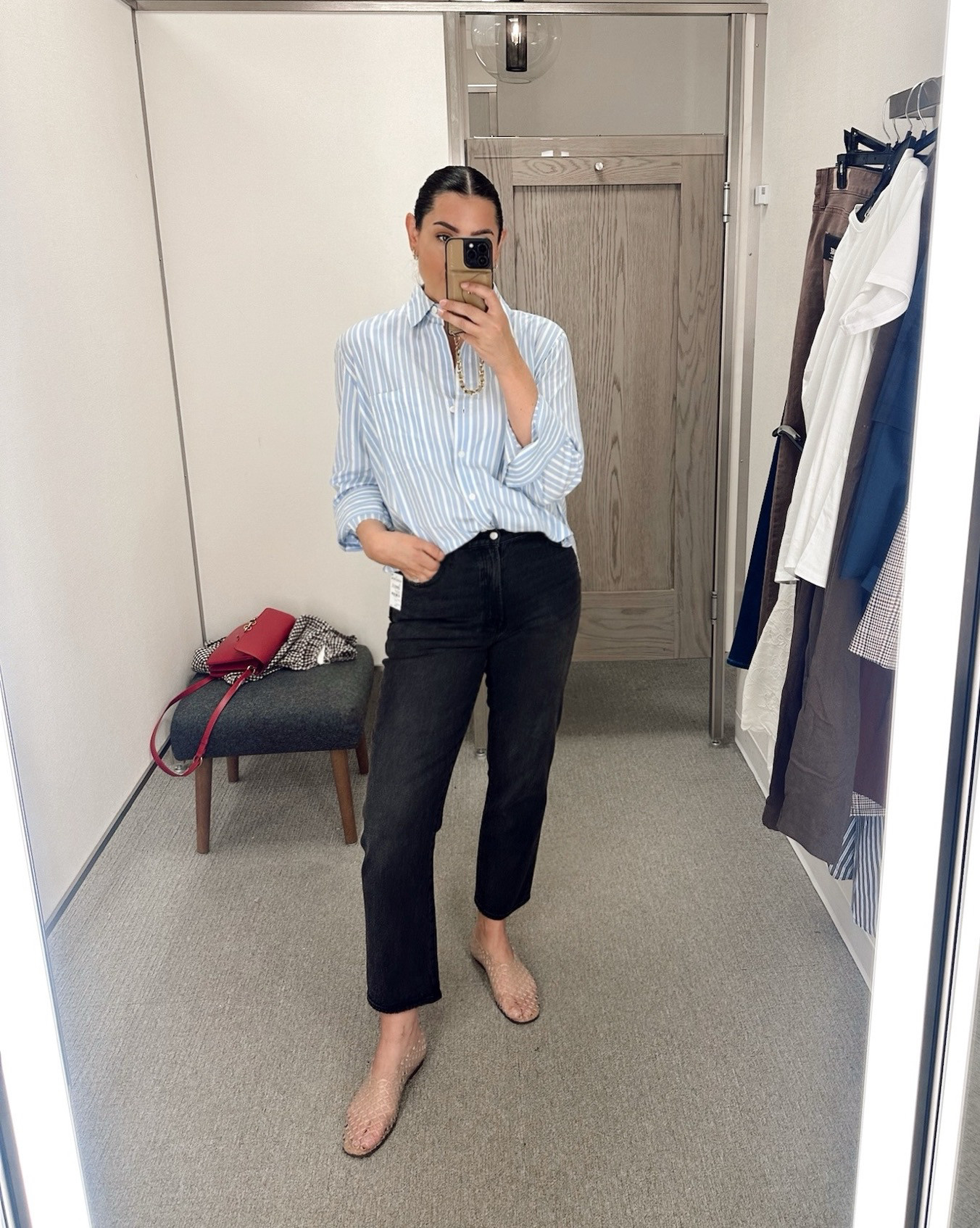 Love this pair of under $150 jeans! I'm in the 30, perfect fit just slightly snug in the waist. Super cute if you miss skinny jeans, these are a more straight cut. 

I'm in the large of the madewell poplin -- love the fabric. It's a big fit, so you can size down.  

 