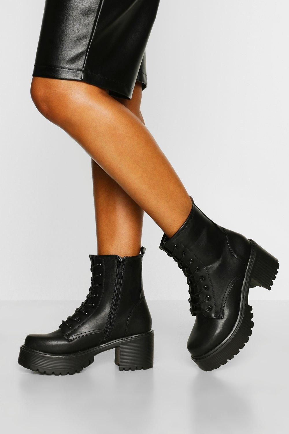 Womens Block Heel Lace Up Combat Boots - Black - 5 | Boohoo.com (US & CA)