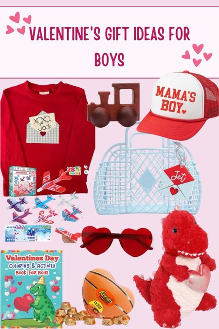 Valentine’s Day gift ideas for young boys!
Embroidered custom personalized valentine shirt
Blue pastel jelly basket
Mamas boy trucker hat
Valentine airplanes
T. rex dinosaur valentine plush stuffed animals
Heart acrylic sunglasses sunnies
Valentine’s Day boys coloring book
Wooden train
Basketballs Reese’s cups valentines chocolate 
Etsy
Target
Amazon
Temu
Affordable Valentine’s Day gifts for kids


Follow my shop @linnstyleblog on the @shop.LTK app to shop this post and get my exclusive app-only content!

#liketkit #LTKfamily #LTKkids #LTKGiftGuide
@shop.ltk
https://liketk.it/4rQzG

#LTKGiftGuide #LTKHoliday #LTKkids