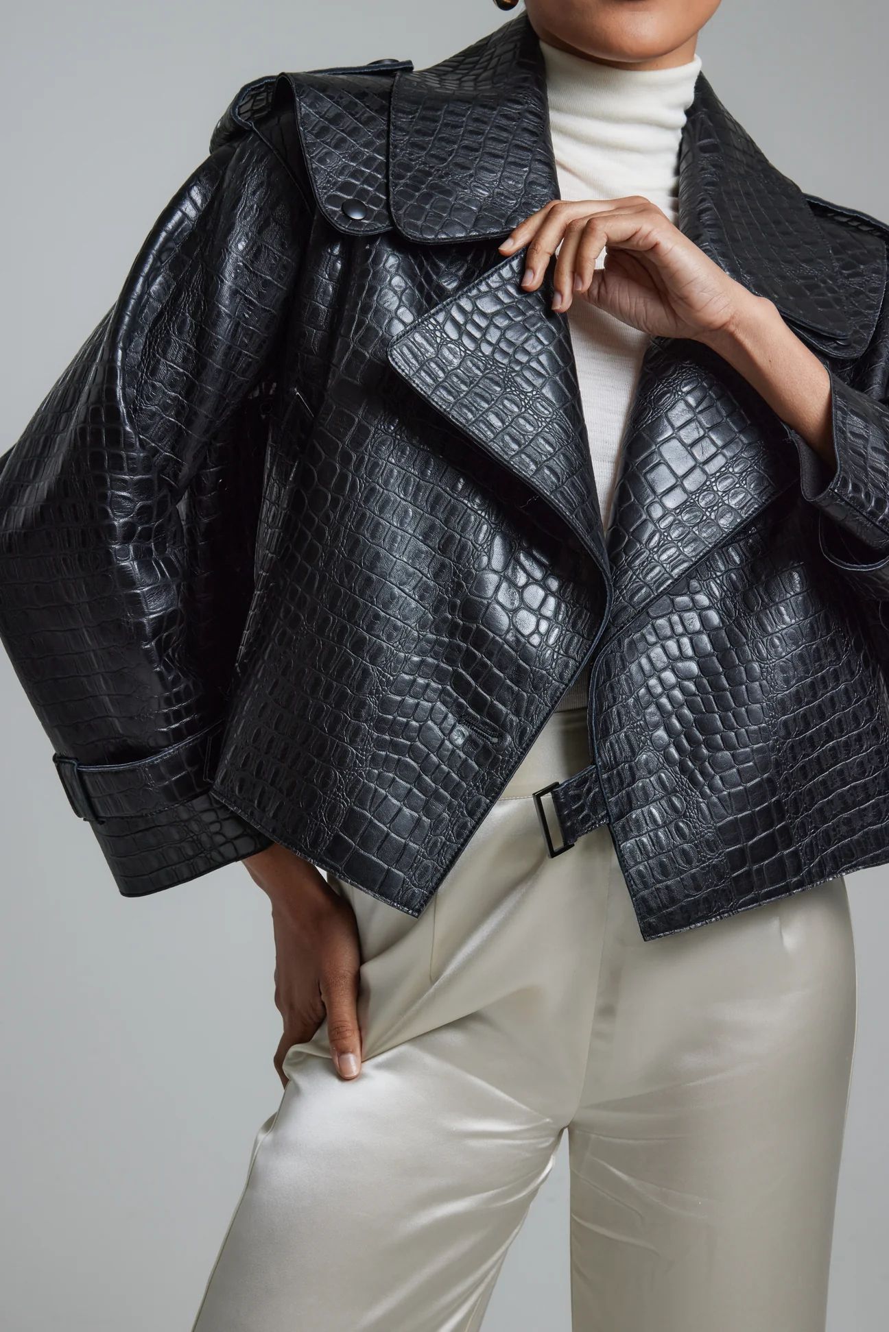 Black Croc Oversized Leather Jacket | Jane and Tash Bespoke