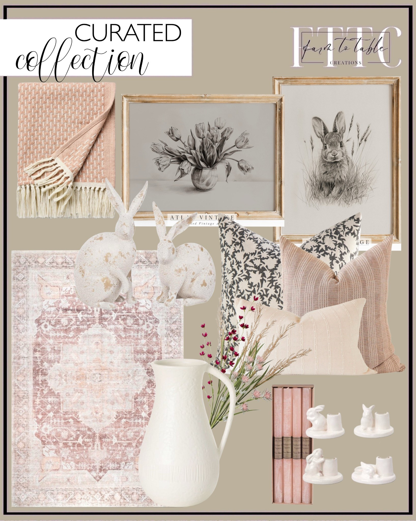 Curated Spring Collection. Follow @farmtotablecreations on Instagram for more inspiration.

Bunny Tapers. Bunny Figurines. 50"x60" Throw Woven Pattern Medium Orange/Cream - Threshold. Couch Pillows Set, Neutral Pillow Combination, Throw Pillow Sets, Pillow Combo, Hmong Throw Pillows, Floral Pillow Covers, Lumbar Pillows. Vintage Easter Bunny Print. Spring Tulip Flowers Print. Stone Pitcher. Mixed Flower Branch. Taper Candles. nuLOOM Rosa SpinClean Machine Washable Stain-Resistant Area Rug. 

Living Room finds | Bedroom Furniture | nightstands | Home Decor| Fireplace Decor | Spring Refresh |  Bedroom Finds | Neutral Stems | Spring Stems | Bookshelf Decor | Bedroom Space | Cozy  Corner | Bathroom | Curated Entryway | Spring  Decor | End of Year Clearance | Trending Decor | Viral Decor  | Coffee Table Decor | Neutral Decor | Fall Stem Sale | Target Finds | Skinny Bench | Bedroom | Living Room | Breakfast Nook | Amazon Home | Target Sale | Loloi Rugs | Magnolia Home | console table | console table styling | faux stems | entryway space | front porch decor | neutral decor | entryway decor | cozy home | affordable decor |  home decor | home inspiration | console styling | entryway rug | cozy moody home | moody home decor | neutral home | bathroom decor | living room | spring decor | Hearth & Hand | Studio McGee | 2025 Home Trends | trending home | Crate&Barrel 




#LTKFindsUnder50 #LTKHome #LTKSaleAlert