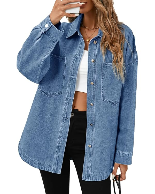 Tankaneo Womens Oversized Denim Shirt Jacket Button Down Long Sleeve Fall Casual Jean Shackets | Amazon (US)