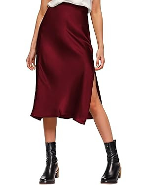 Womens Satin Silk High Waist Slit Midi Skirt Elastic Waistband Midi Skirts for Women | Amazon (US)
