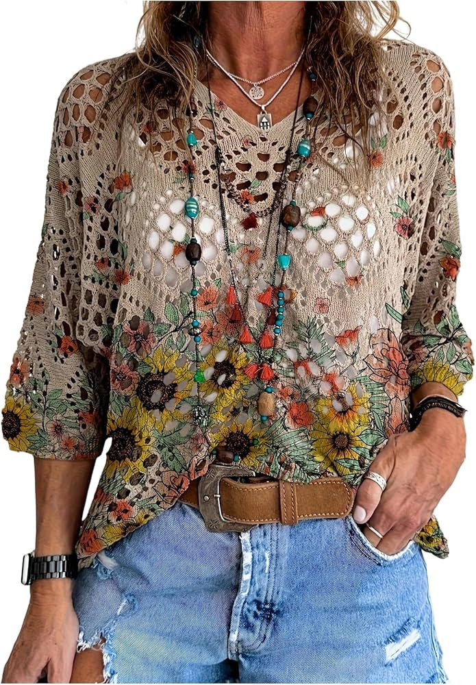 Verdusa Women's Boho Tops Tie Dye Hippie Lightweight Sweater Beach Cover Up Crochet Tops | Amazon (US)