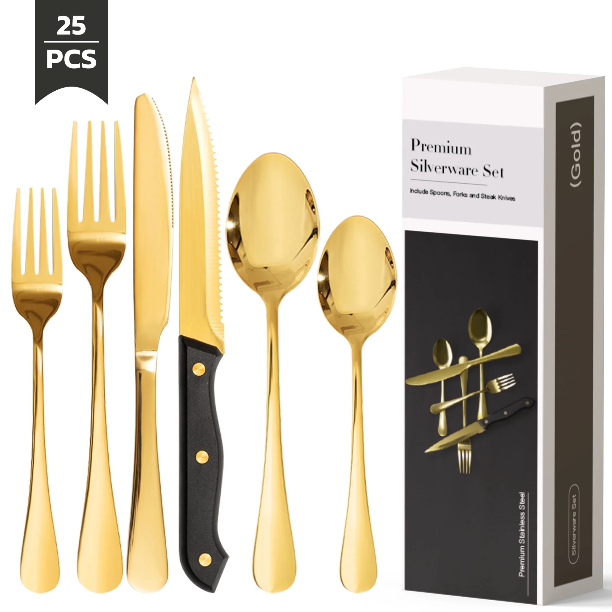 Astercook 25-Piece Gold Silverware Set with Steak Knives, Flatware Tableware Set for 4, Great Foo... | Walmart (US)