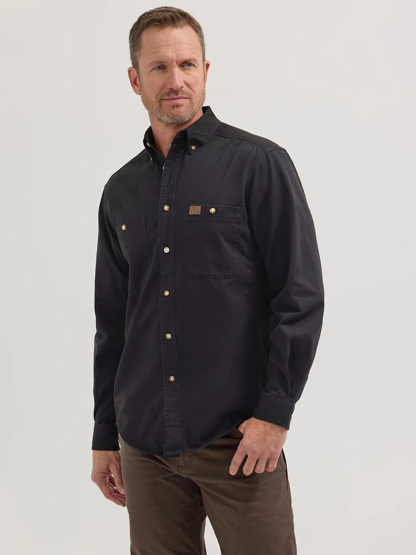 Wrangler® RIGGS Workwear® Long Sleeve Button Down Solid Twill Work Shirt in Black | Wrangler