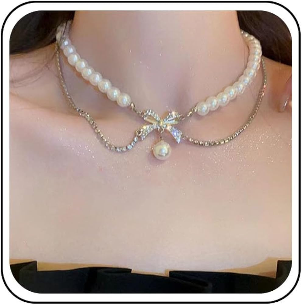 Bohemian Crystal Bow Pearl Choker Necklace Rhinestone Bow Tie Pearl Pendant Necklace Silver Cz Te... | Amazon (US)