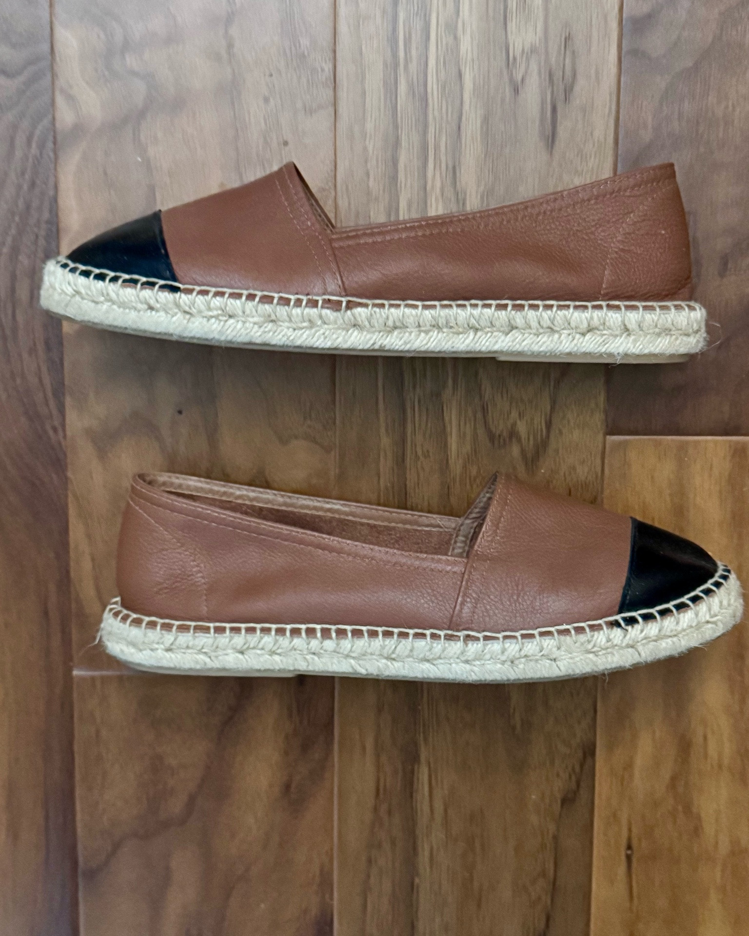 Shop my closet. Saks Fifth Avenue Leather Brown and Black espadrilles. Slightly used. Size 10