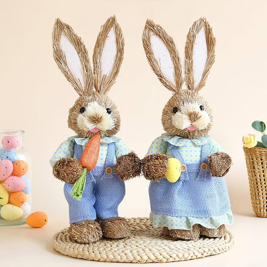 DUBEDAT Easter Bunny Statues, 2Pcs Cute Standing Handmade Straw Bunny Decoration with Carrots and... | Amazon (US)