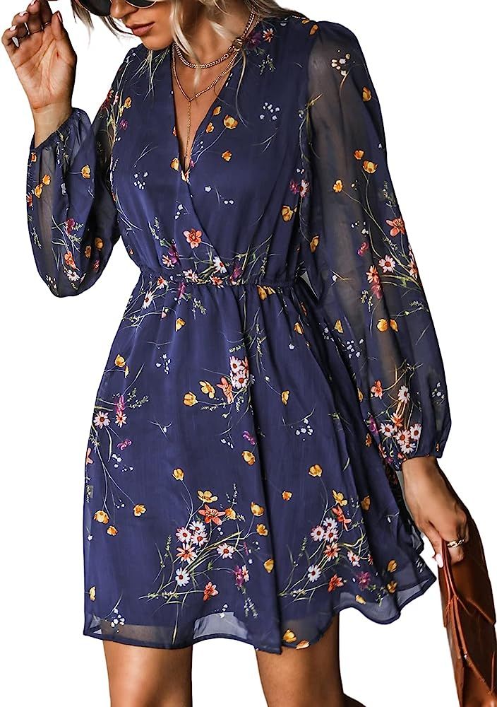 CUPSHE Women's Floral Print Chiffon A-Line Mini Dress Long Peasant Sleeves | Amazon (US)