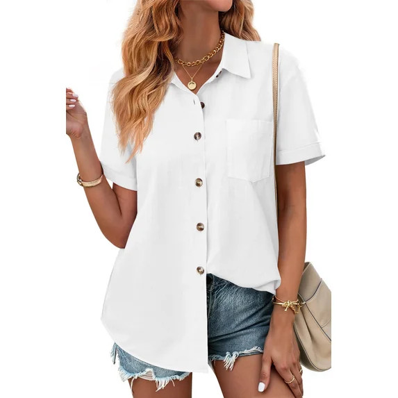 Fantaslook Womens Button Down Shirts Lapel Short Sleeve Shirt Collared Pocketed Casual Blouses Su... | Walmart (US)