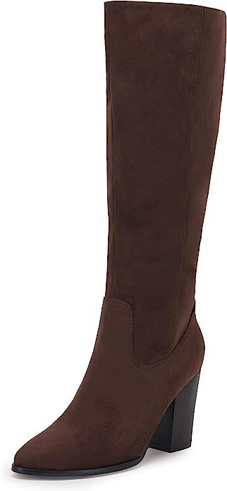 Coutgo Womens Faux Suede Wide Calf Knee High Boots Side Zipper Chunky Heel Stretch Winter Boots | Amazon (US)