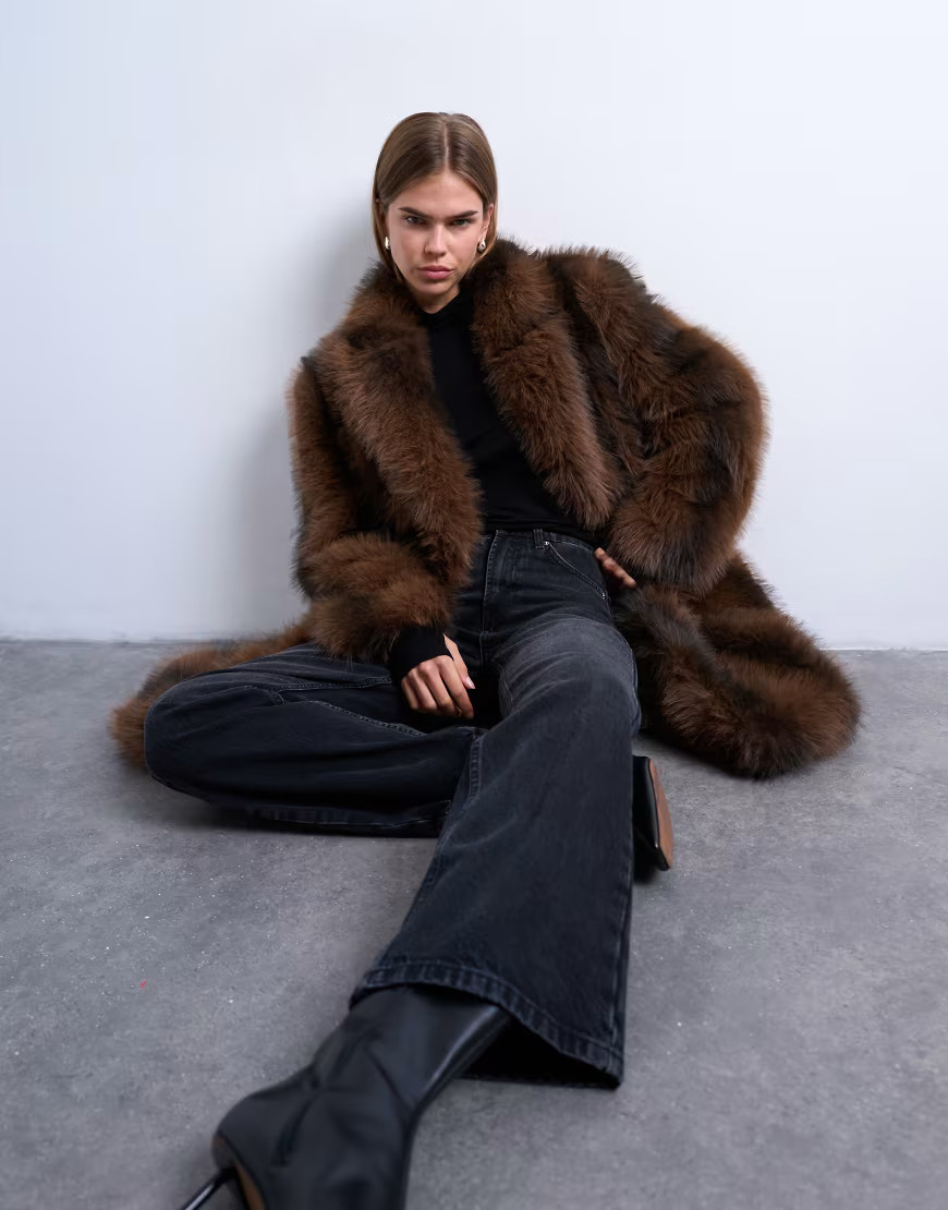 Topshop faux fur longline striped coat in brown | ASOS (Global)