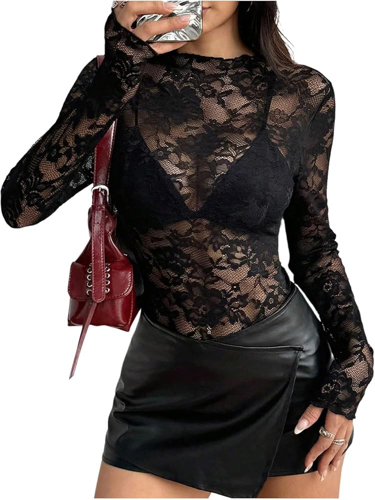 SHENHE Women's Mesh Sheer Lace Layering Top Y2k Long Sleeve Mock Neck See Through Party Shirt | Amazon (US)