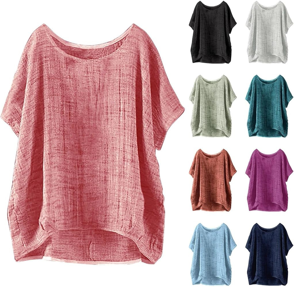 Miyaomn Women's Casual Linen Shirts Oversized Short Sleeve Crewneck Loose Fit Tees Blouse Summer ... | Amazon (US)