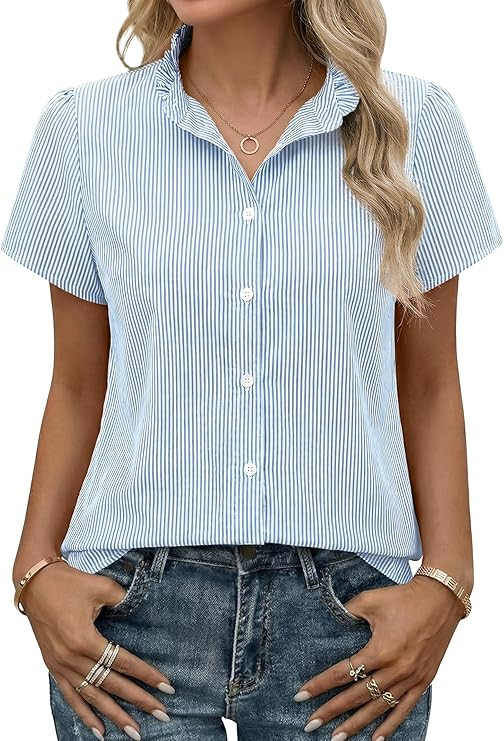Funlingo Women's Striped Button Down Shirts Summer Short Sleeve Tops Ruffle Collar Work Blouses B... | Amazon (US)