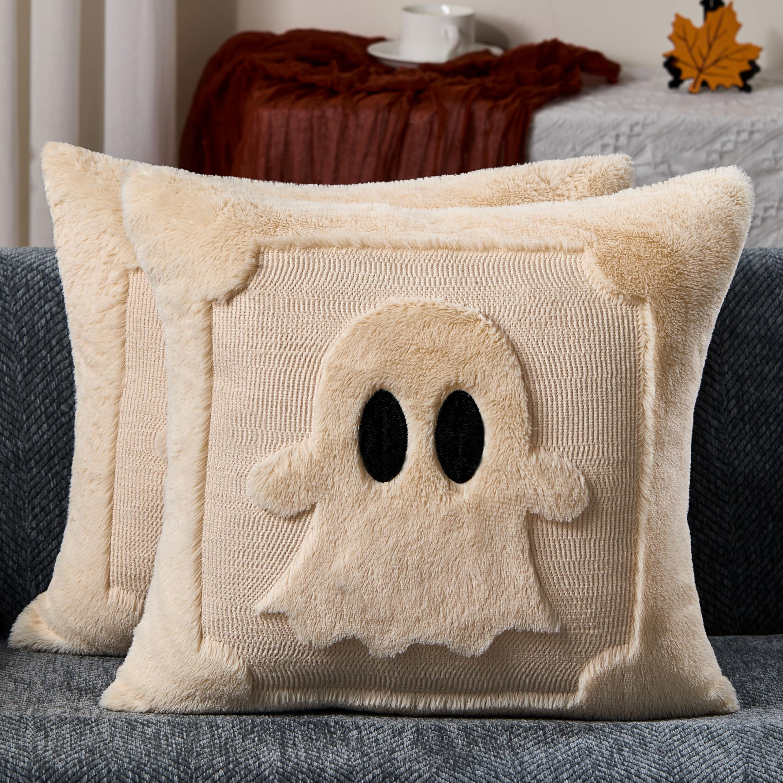 DFXSZ Halloween Pillow Covers 18x18 inch Set of 2 Black Eyes Beige Ghost Throw Pillow Cases Soft ... | Amazon (US)