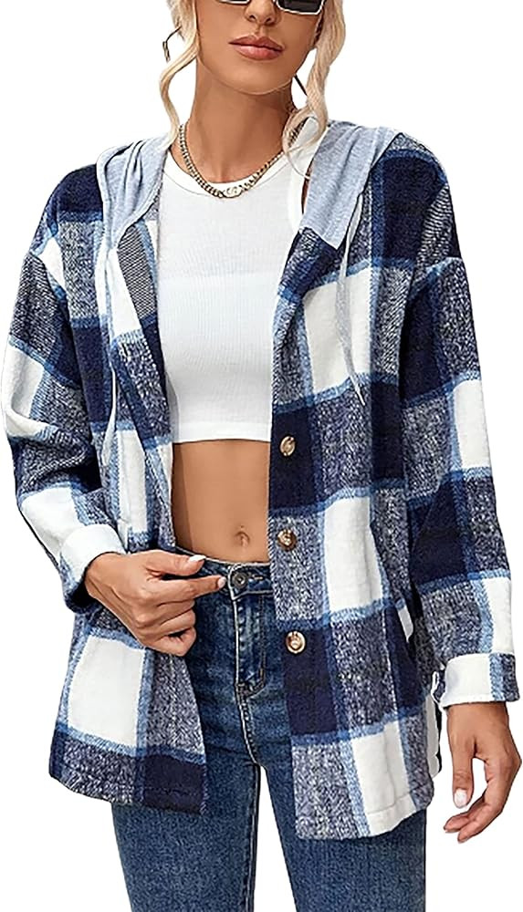 Tanming Womens Brushed Flannel Plaid Lapel Button Short Pocketed Shacket Shirts Coats | Amazon (US)