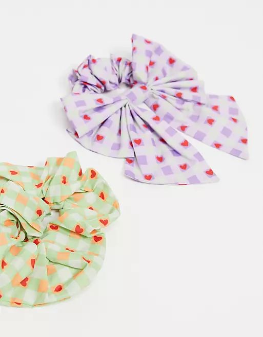 ASOS DESIGN pack of 2 scrunchie and hair bow in gingham heart print | ASOS (Global)