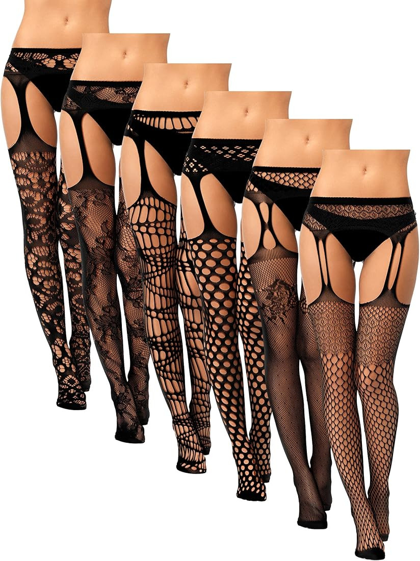 6 Pairs Women Fishnet Thigh High Stockings Suspender Pantyhose Lingerie Garter Belts Tights for W... | Amazon (US)