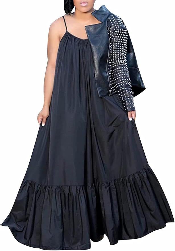 Womens Sexy Sleeveless Spaghetti Strap Dress Ruched Ruffle Hem Beach Loose Long Maxi Swing Dress ... | Amazon (US)