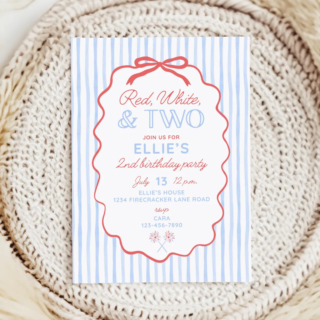 Red White and Two Invitation for Girl 2nd Birthday, Cute 2nd Birthday Theme for Summer Birthday, ... | Etsy (US)