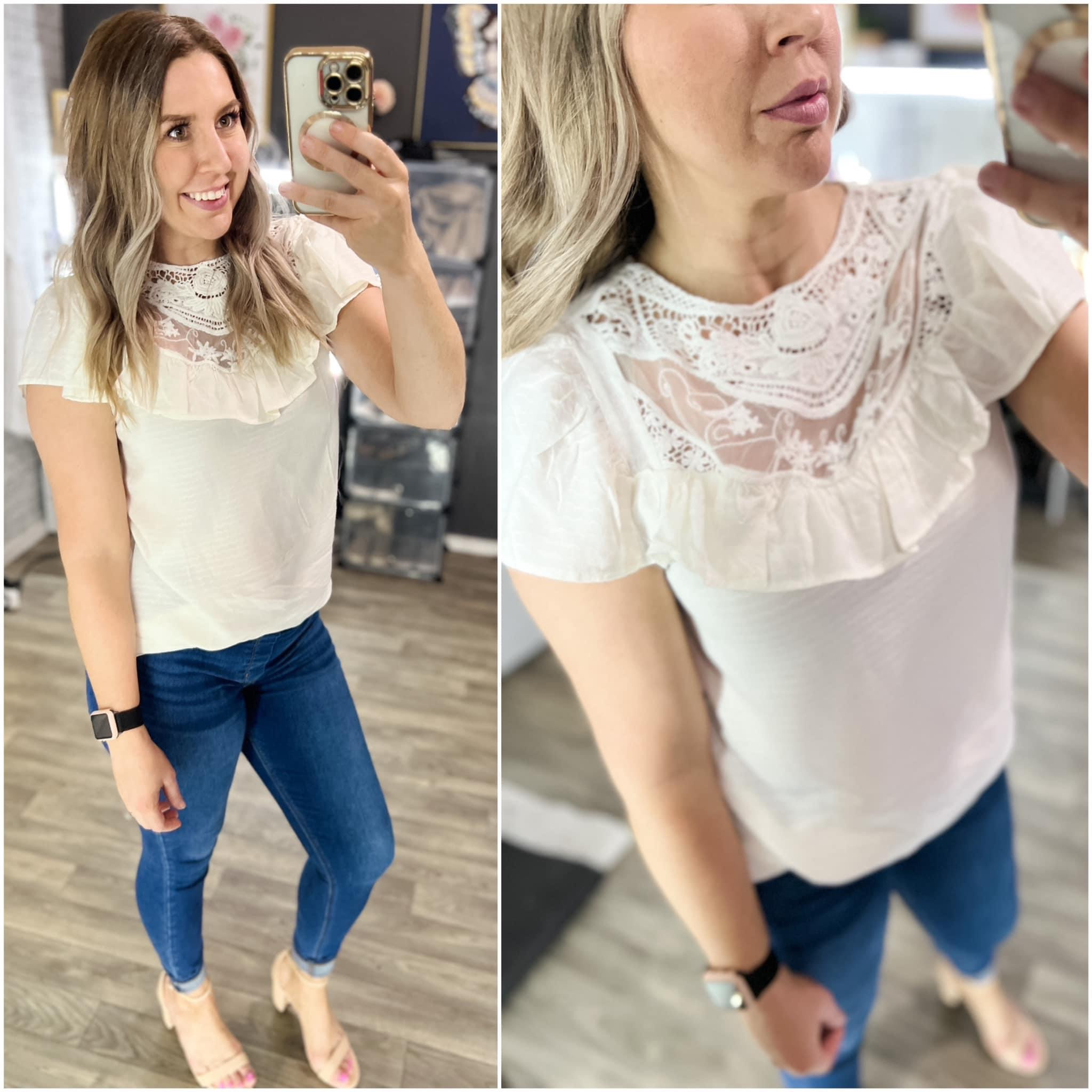 This gorgeous lace panel blouse is so classy! True to size, I’m in the medium! 