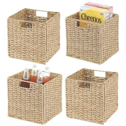 mDesign Seagrass Woven Cube Basket Organizer with Handles - Storage for Kitchen Cabinet or Pantry Shelf - Perfect for Cubby Storage Units - Holds Snacks or Small Appliances - 4 Pack - Natural/Tan | Amazon (US)