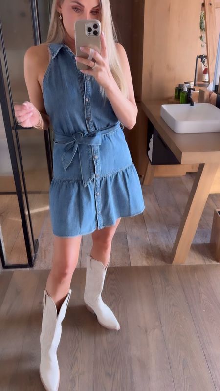 Fave denim dress! Wearing 6. So flattering. This outfit will be perfect for a country concert outfit these boots take it up a notch. I love them. They are so comfortable for walking around and real leather.

#LTKover40 #LTKVideo #LTKfindsunder100