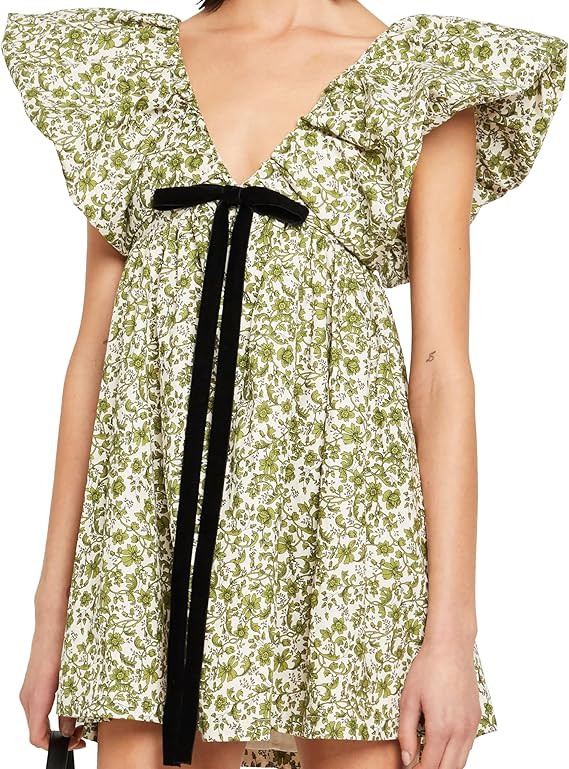 Womens Flower Bow Dress Deep V Neck Elegant Mini Dress Puffy Sleeve Boho Floral Bow Dress Flowy D... | Amazon (US)