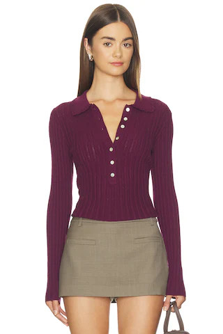 525 America Tabitha Crochet Collar Long Sleeve Henley in Burgundy. - size L | Revolve Clothing (Global)